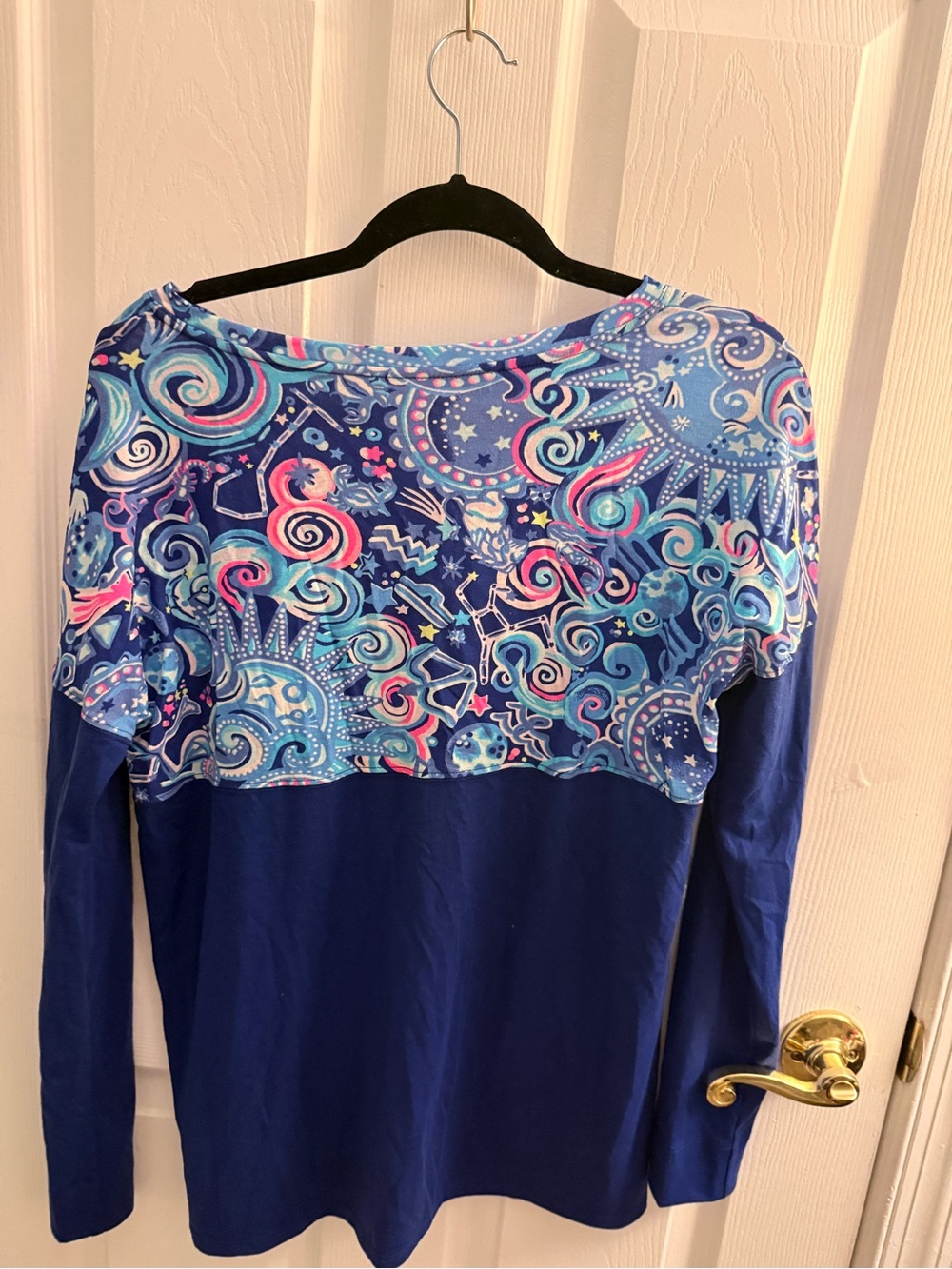 Lilly Pulitzer Navy Long Sleeve Tee with Multicolor Paisley Yoke - Picture 2 of 5